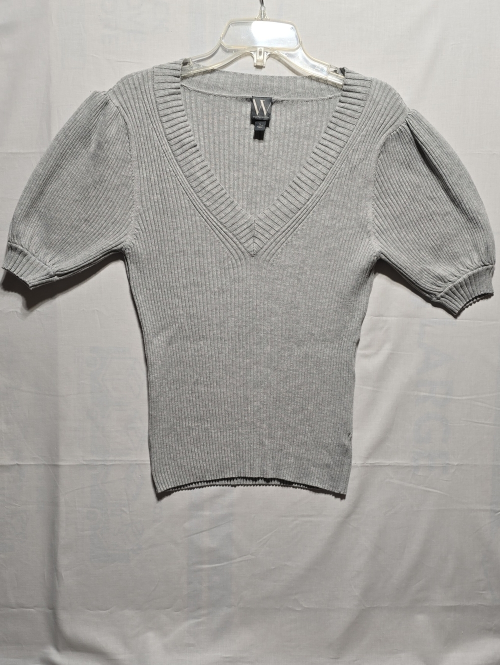 W by Worthington - Sweater, Light Gray Ribbed V-Neck Puff Sleeve Sweater